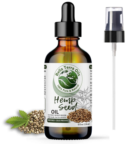 Organic cold-pressed unrefined hemp seed oil bottle for skin, hair, face, nails care.