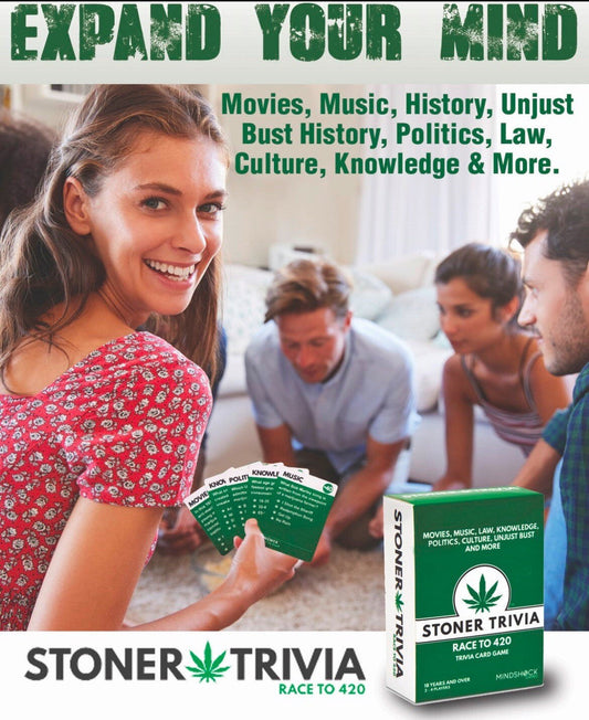 Stoner Trivia Card Game for marijuana enthusiasts, featuring categories like movies, music, and history.