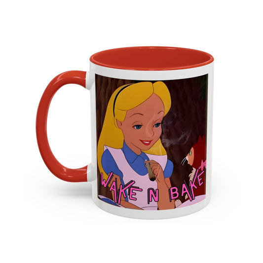 Retro coffee mug with cartoon Alice smoking, featuring "WAKE N BAKE" text, red handle, and interior.
