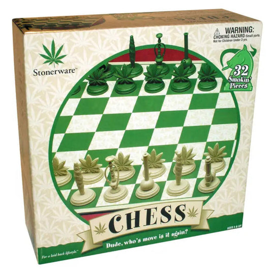Stonerware Chess Set Game with green and tan board and unique pieces.