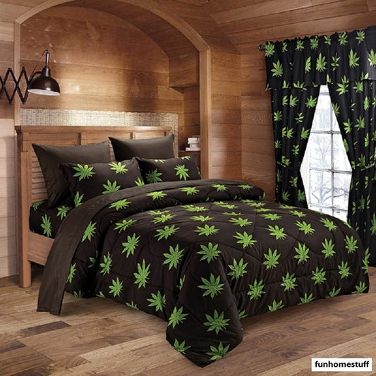 6 piece weed leaf print black microfiber sheet set displayed in a wooden bedroom.