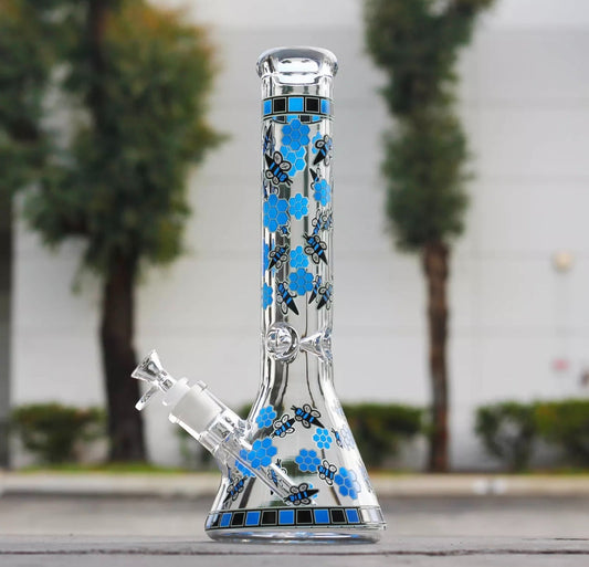 Premium Blue Bee glass bong with decorative blue bee design, 8-inch handwork hookah.