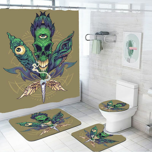 Weeds Cannabis Marijuana Shower Curtain Set with Non-Slip Bath Mat and Toilet Lid Cover in a bathroom setting.