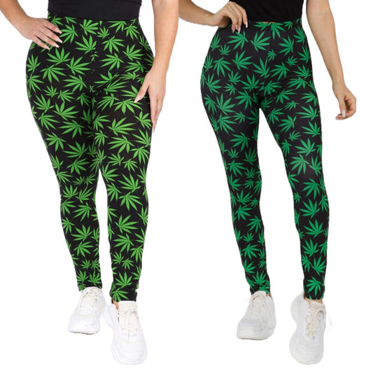 Women’s high waisted green leaf leggings with marijuana print in multiple sizes.
