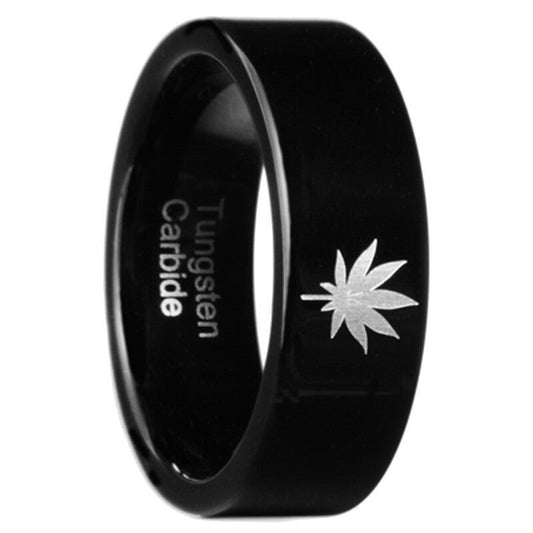 8mm tungsten carbide ring with pot leaf design, polished mirror finish, comfort fit band, sizes 8-13.