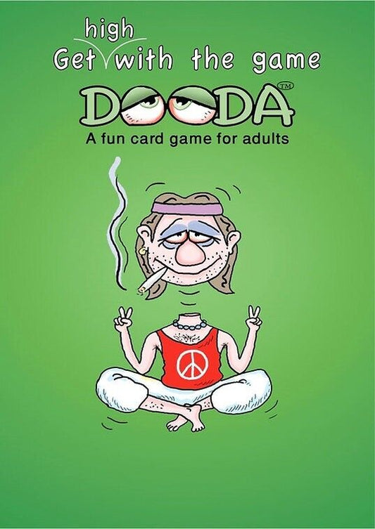 Dooda game fun card games for adults with stoner theme on green background.