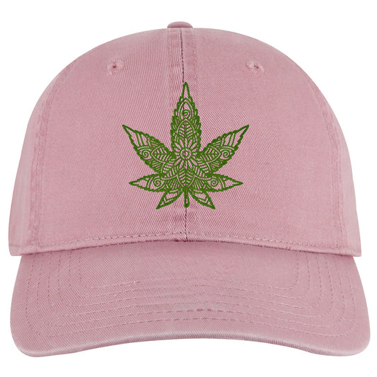 Cannabis leaf mandala embroidered pink twill cap with Otto buckle.