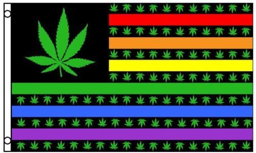 Rainbow Marijuana Pot Leaf flag, 3x5 foot, polyester, lightweight fabric, hippie USA design.
