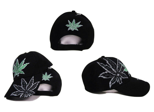 Black baseball cap with marijuana leaf embroidery and adjustable strap.