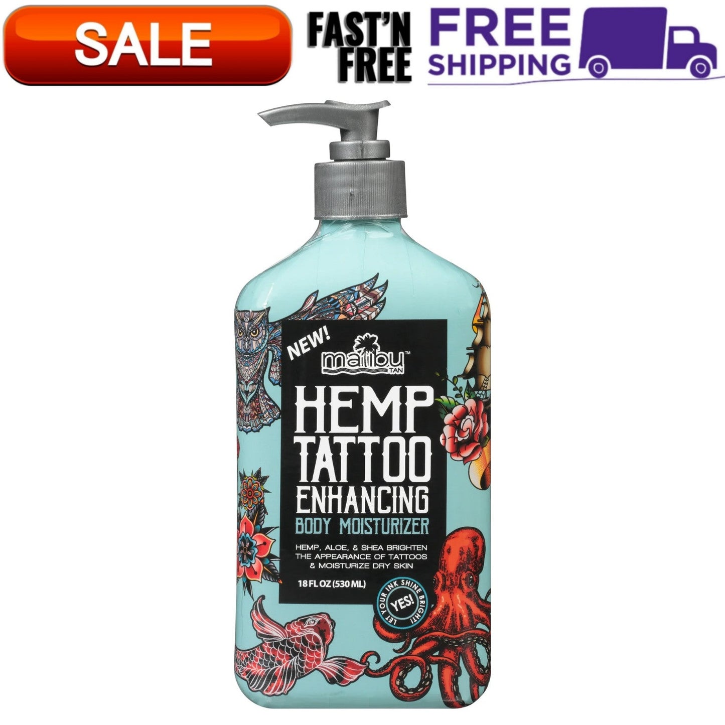Malibu Hemp Tan Tattoo Enhancing Body Moisturizing Lotion with shea butter and hemp seed oil, 18 fl oz bottle.