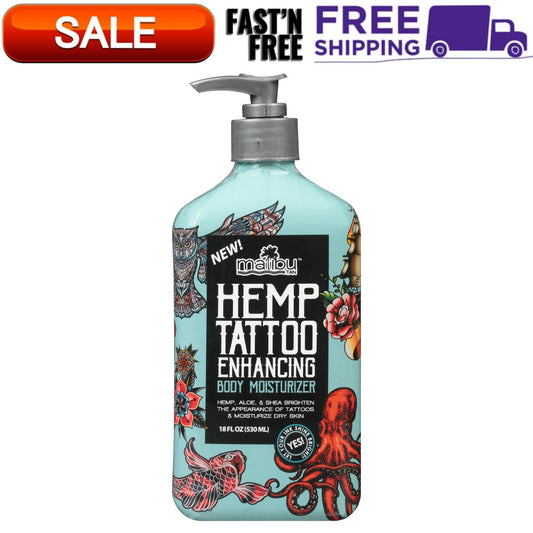 Malibu Hemp Tan Tattoo Enhancing Body Moisturizing Lotion with shea butter and hemp seed oil, 18 fl oz bottle.