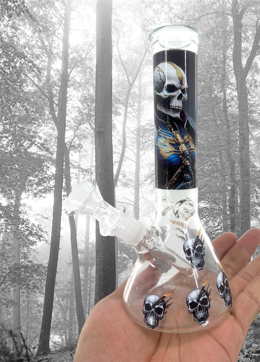 8" black glass water pipe bong with skull design and 14 mm male glass bowl.