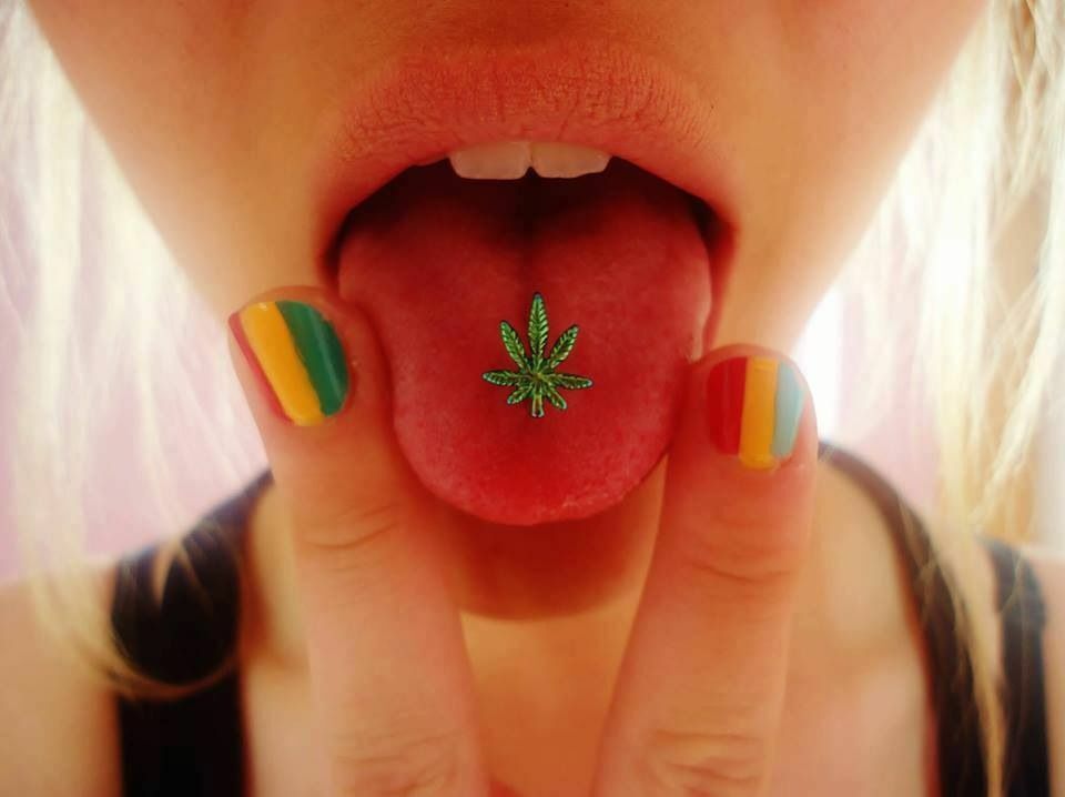 14G Black POT LEAF MARIJUANA Hemp STEEL TONGUE RING BODY PIERCING BARBELL