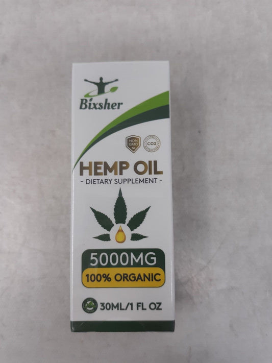 Bixsher 5000mg 100% Organic Hemp Oil packaging, dietary supplement.