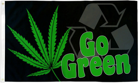 Go Green Flag 3x5ft with marijuana leaf and recycle symbol.