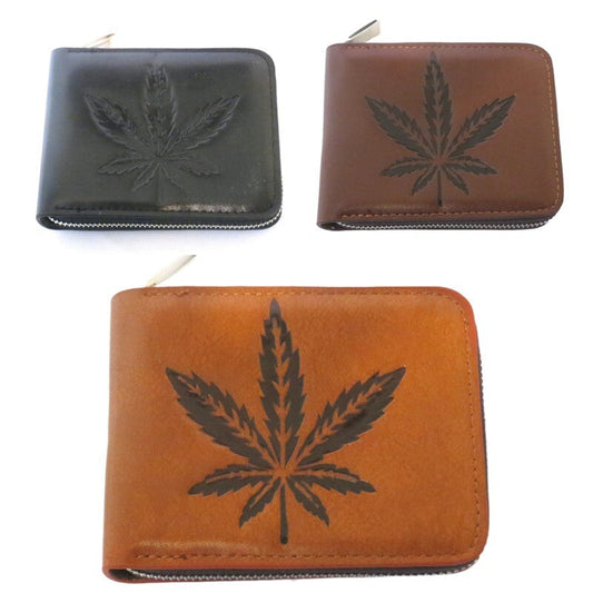 Zippered bifold wallet with marijuana prints in black, brown, and light brown faux leather.