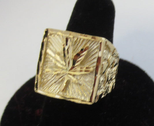 14kt gold plated marijuana leaf nugget ring for men, sizes 8-13.