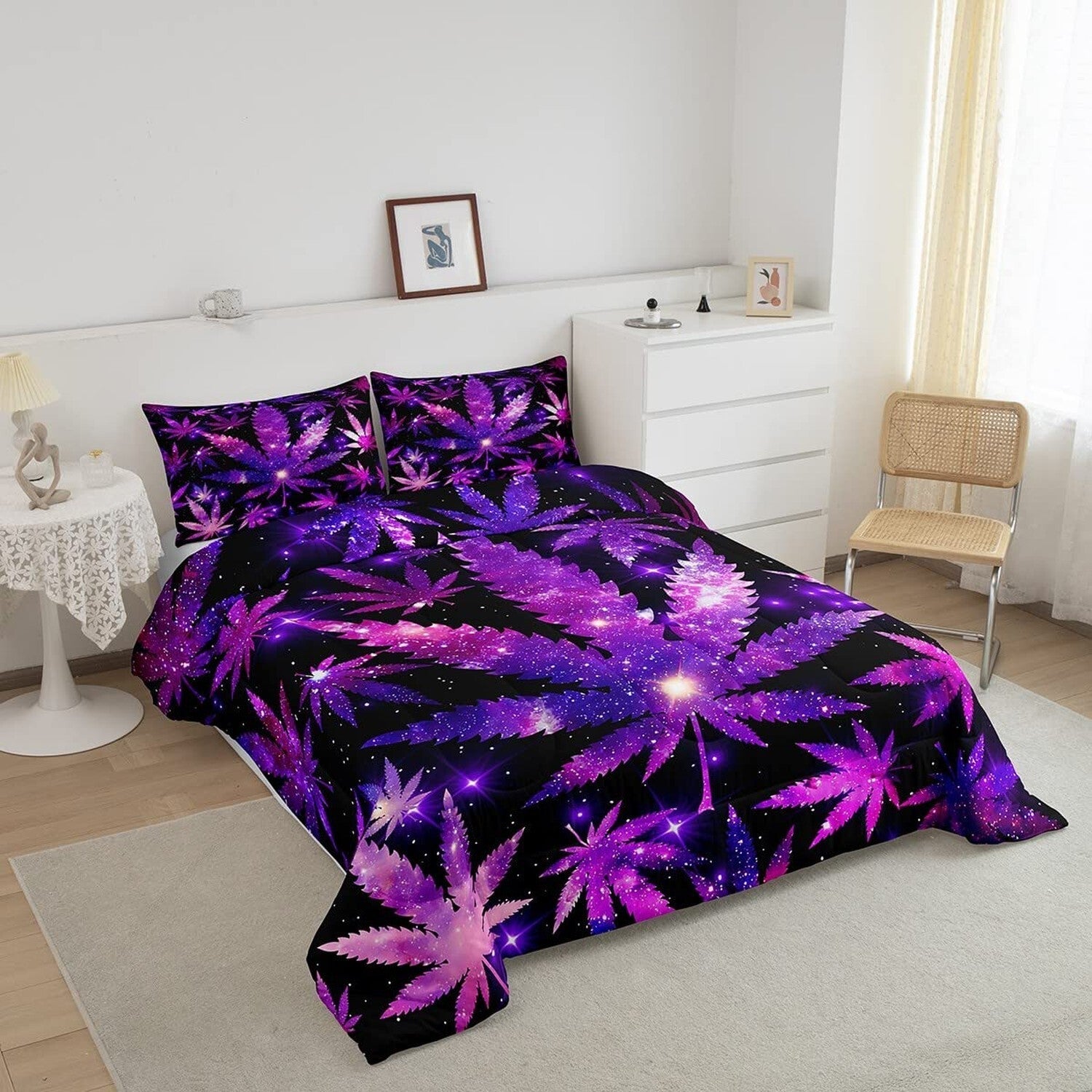 Marijuana weed purple black comforter set, queen size, hippie leaf design.
