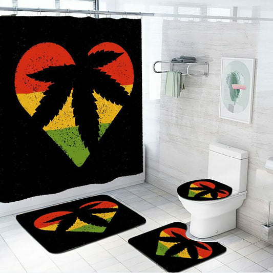 Weed leaf heart shower curtain set with non-slip bath mat and toilet lid cover, waterproof design.