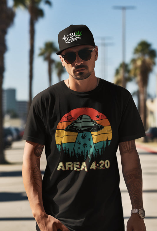 Area 420 Cannabis Weed T-Shirt with UFO design, worn by a person; relaxed fit, 100% cotton.