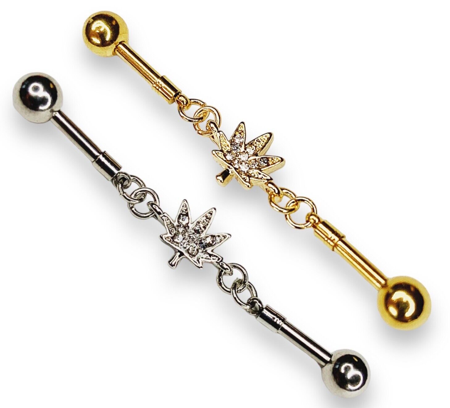 14g industrial bar with gold IP coating and cubic zirconia pot leaf design.