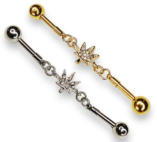 14g industrial bar with gold IP coating and cubic zirconia pot leaf design.