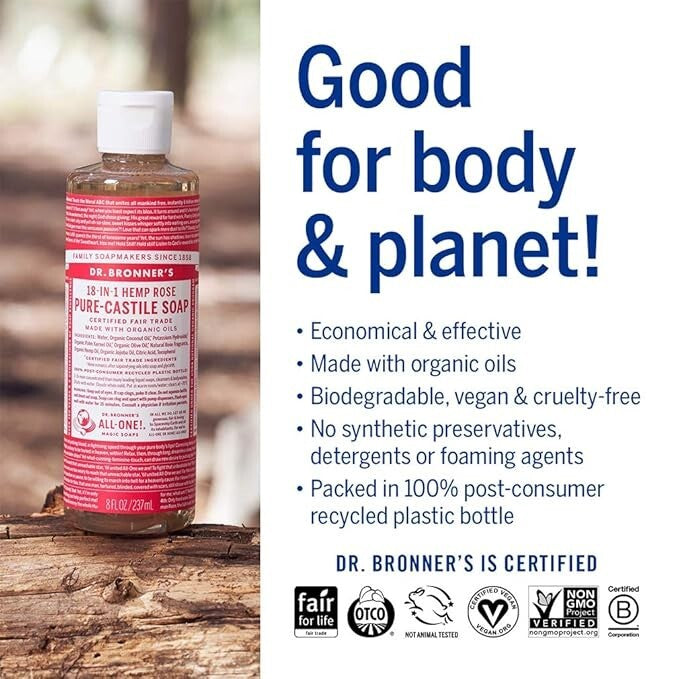 Dr. Bronner's Certified Fair Trade 18-In-1 Hemp Rose Pure-Castile Soap 8 oz