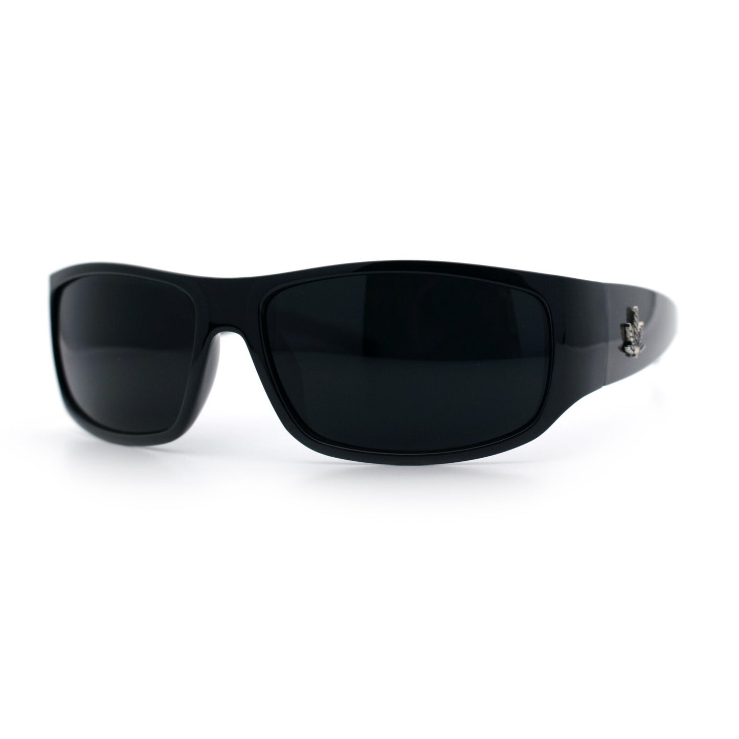 Mens Marijuana Pot Leaf Emblem Hoodlum Rectangle Limo All Black Sunglasses