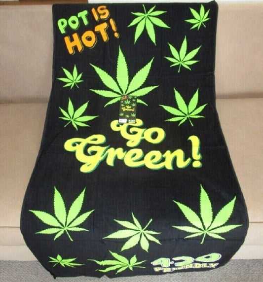 Go Green Beach Bath Towel with Marijuana Leaf Design, 100% Cotton, 420 Friendly.