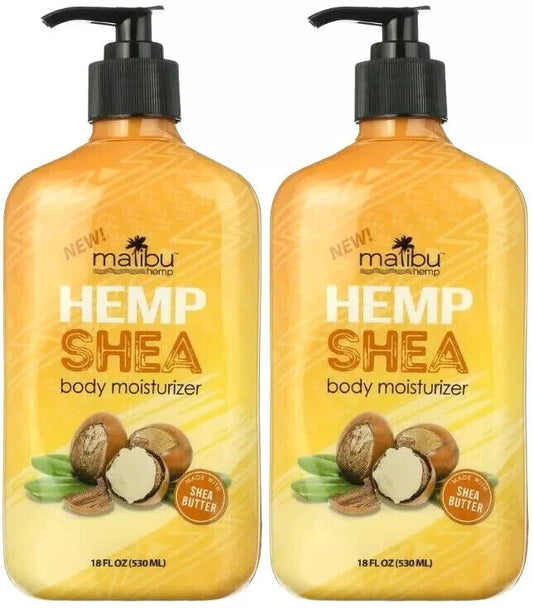 2-pack Malibu Tan Hemp Shea Butter Skin Firming Body Moisturizer, 18 Oz bottles.