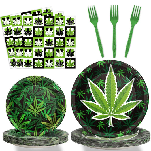 96 Pcs weed themed party plates and napkins set with green pot leaf design.