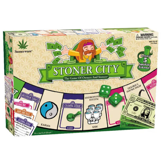 Stonerware Stoner City Board Game box showcasing game components and design.
