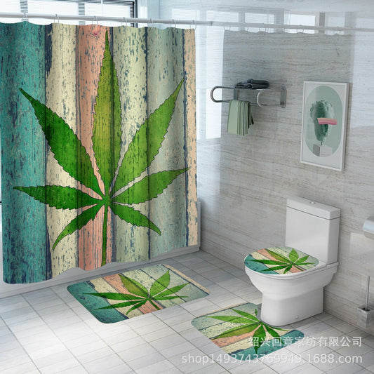 Weed Leaf Art Shower Curtain Non-Slip Bathroom Mat Toilet Lid Cover Set 5 Styles