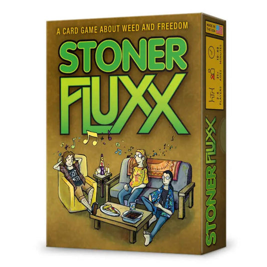 Card game "Stoner Fluxx" box featuring cartoon characters and cannabis theme for adults.