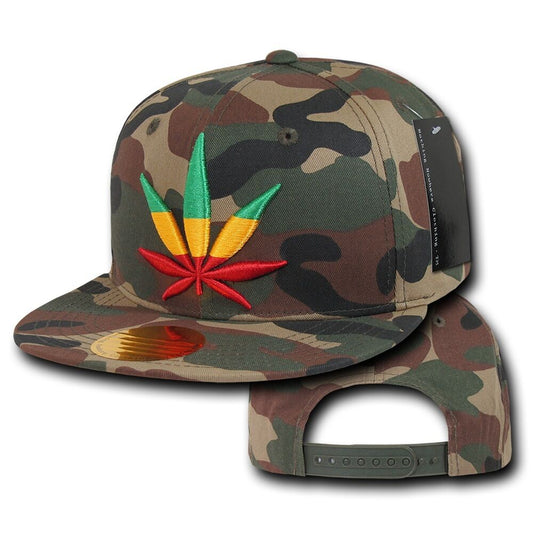Camo snapback baseball cap with Rasta weed leaf design.