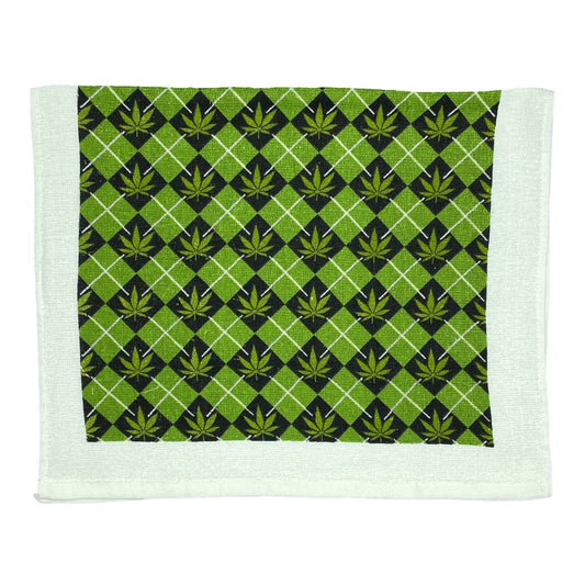 Argyle weed funny pot leaf pattern tea towel with green and black design.