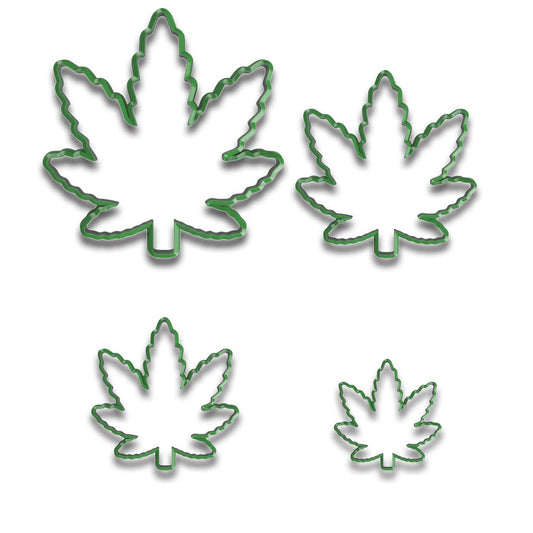 Marijuana cannabis pot leaf cookie cutter set, 4-piece, various sizes, for baking and crafting.