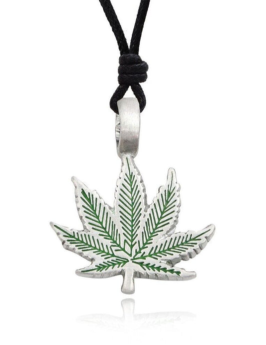 Trendy marijuana leaf silver pewter charm necklace pendant on black cord chain.