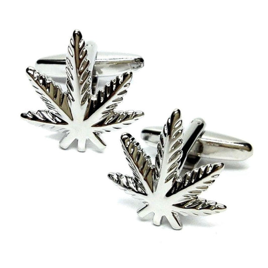 POT LEAF CUFFLINKS shaped like marijuana leaves, stylish gift accessory.
