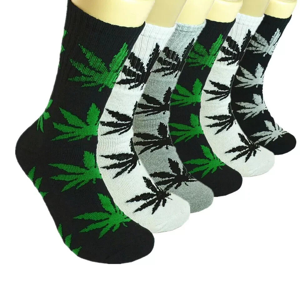 12 Pairs Men's Sports Leaf Weed Marijuana Crew Cotton Long Socks Size 9-11