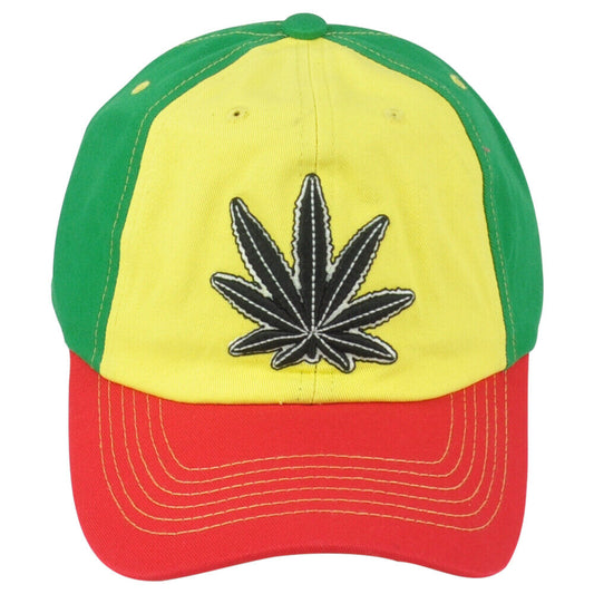 Marijuana weed leaf curved bill cap in Rasta colors with buckle closure.