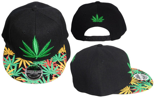 Black polyester cap with colorful cannabis leaf embroidery, adjustable strap, hoop and loop closure.