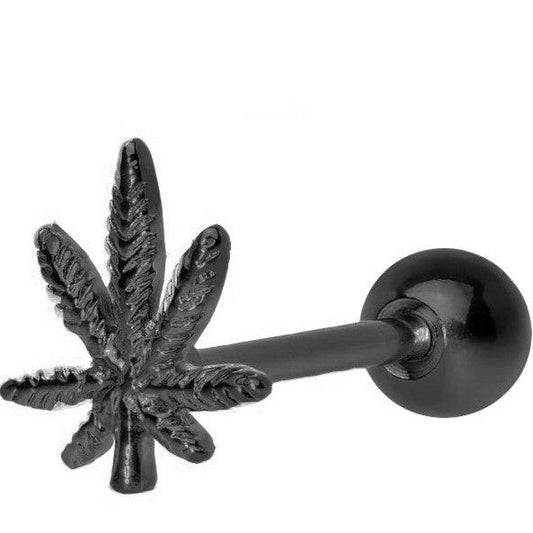 14G black pot leaf marijuana steel tongue ring barbell body piercing.