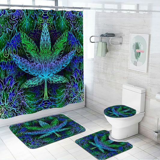 Psychedelic weed leaf art shower curtain set with non-slip bath mat and toilet lid cover.