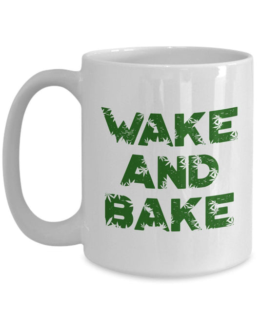 Wale and Bake Mug with green text design.