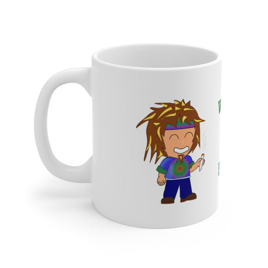 11oz white ceramic Wake & Bake Mug with a cartoon design, perfect for coffee or tea.