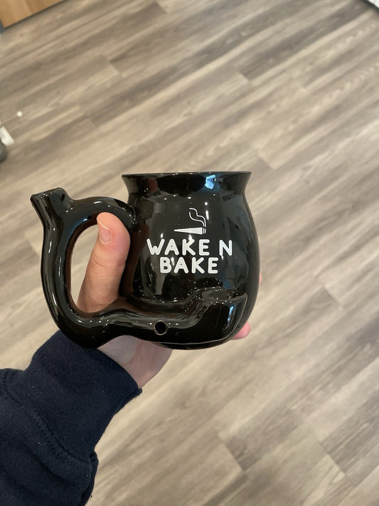 FUN NOVELTY WAKE N BAKE GIFT MUG Black with White Letters Ceramic 13 OZ