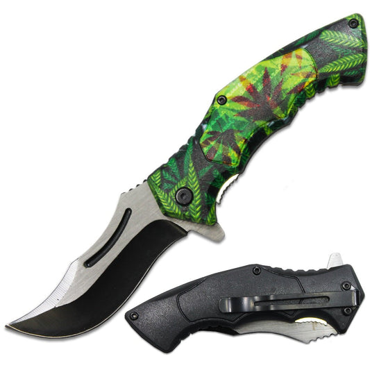 PK 6080-M2 4.5" cannabis leaf handle folding knife with stainless steel blade and belt clip.
