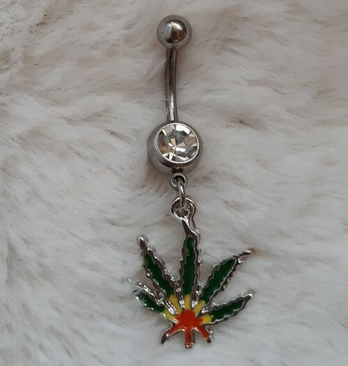 Marijuana Cannabis pot leaf navel ring with dangling design.
