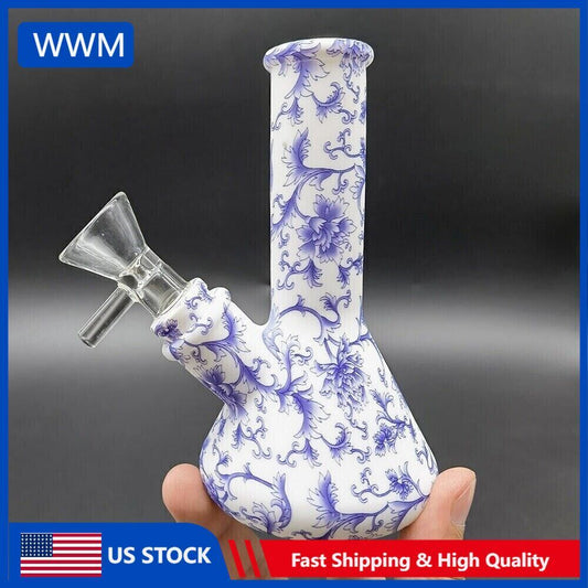 Silicone water pipe with purple floral design and glass bowl.
